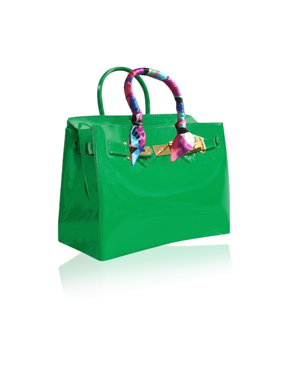 New Emerald Green Jelly Satchel Bag with Scarf Handle & Gold Hardware